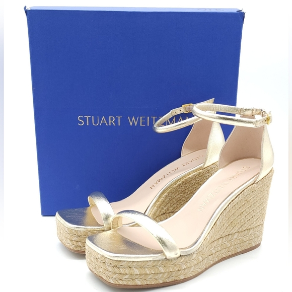 Stuart Weitzman Espadrille Nudistcurve Wedge Gold Heels Size 10.5 EU 41 - Picture 1 of 14